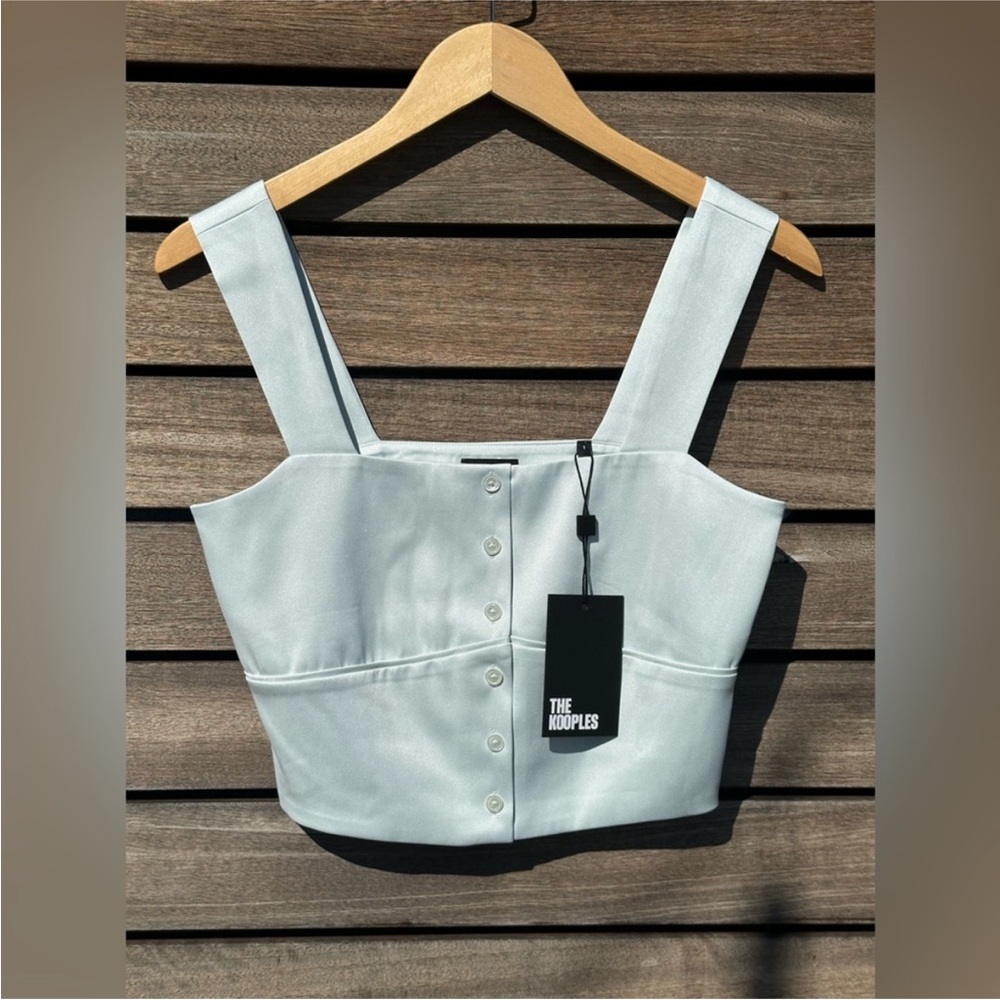 The Kooples Mint Green Satin Crop Top Pearl Button Front Square Neck XS NWT $150